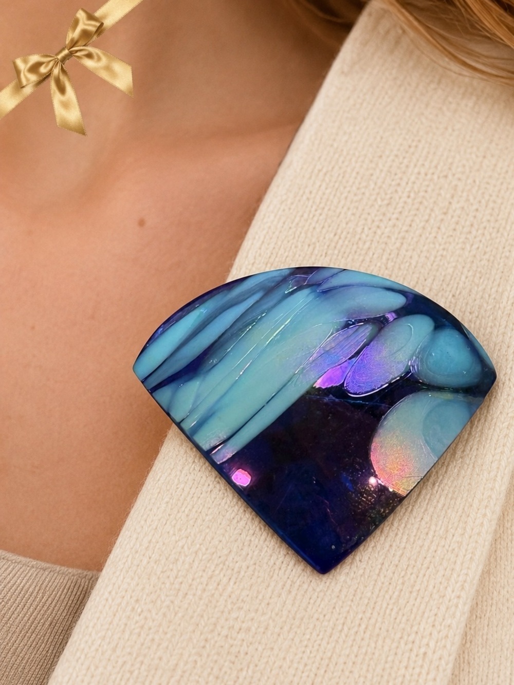 Handcrafted Iridescent Dichroic Glass Brooch Pin – Teal, Purple & Blue